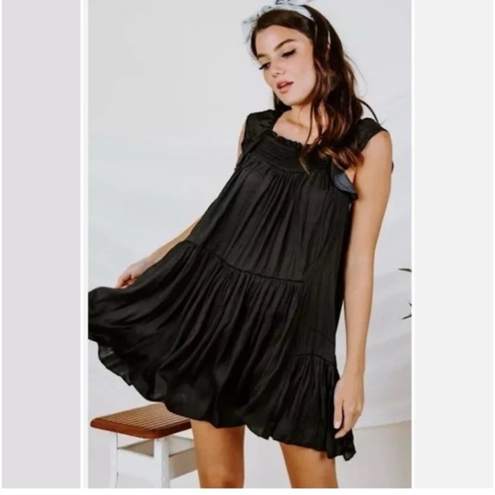 Free People Intimately Smocked Black Satin Want Your Love Mini Dress Large - Picture 2 of 15